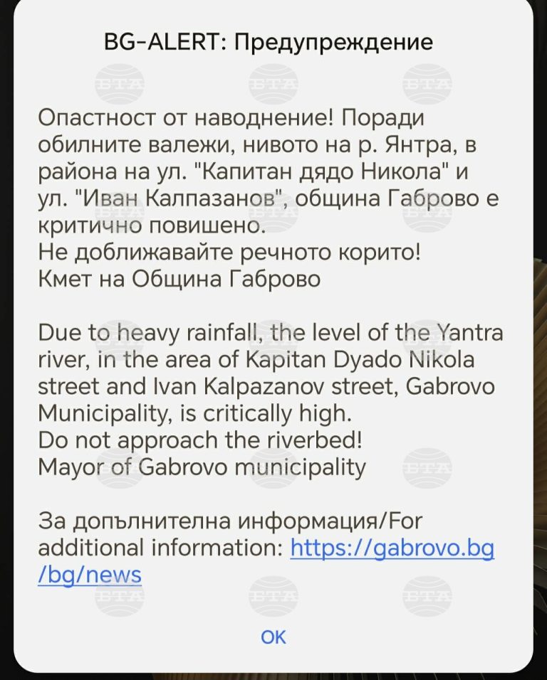 В Габрово задействаха системата BG–Alert заради проливния дъжд
